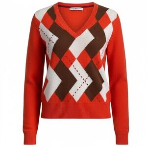 Tommy Hilfiger Vtg Orange V-Neck Sweater Women M Geometric Argyle Wool Blend Y2K